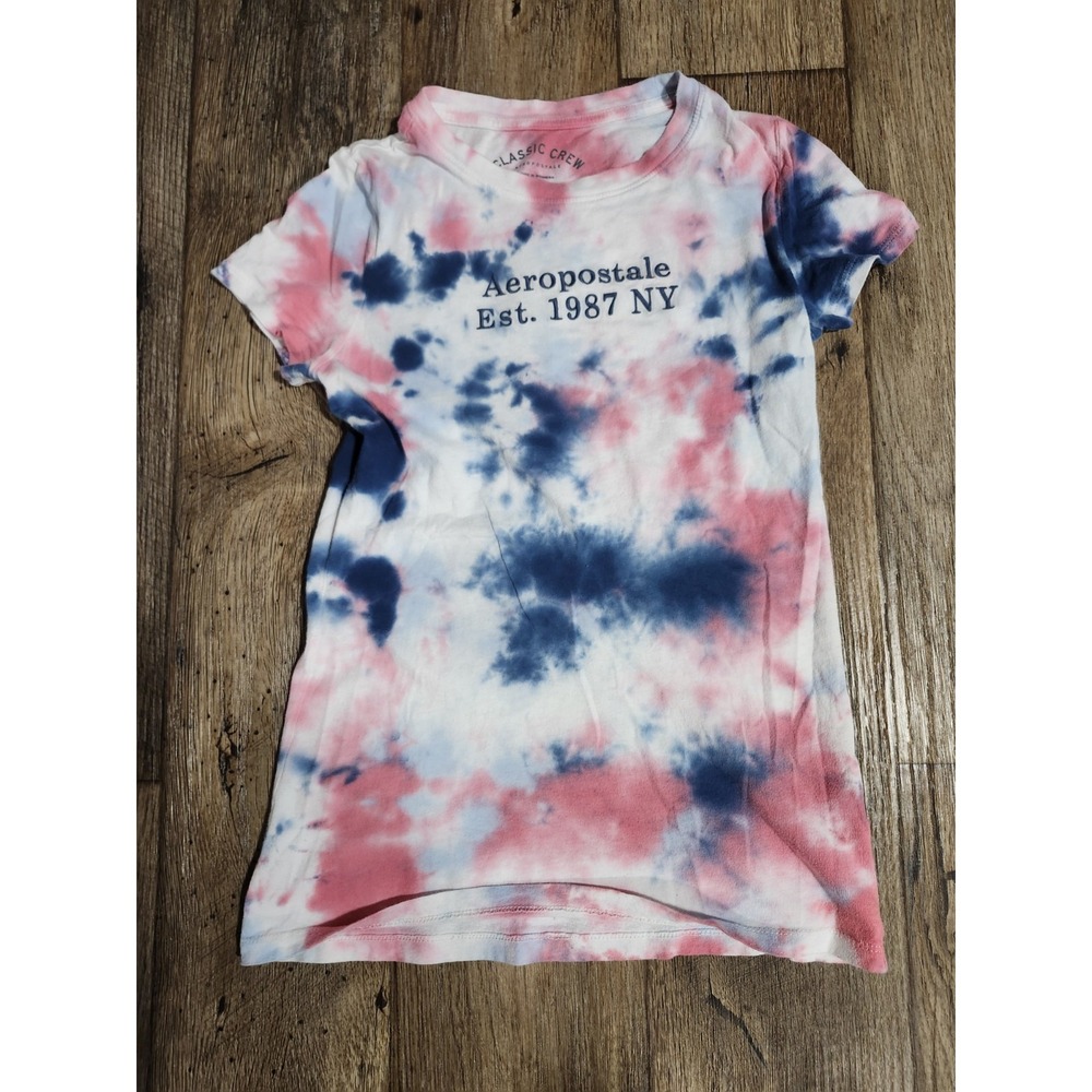 Aeropostale Classic Crew Womens Juniors Tie Dye Tee Shirt Medium White Pink Blue